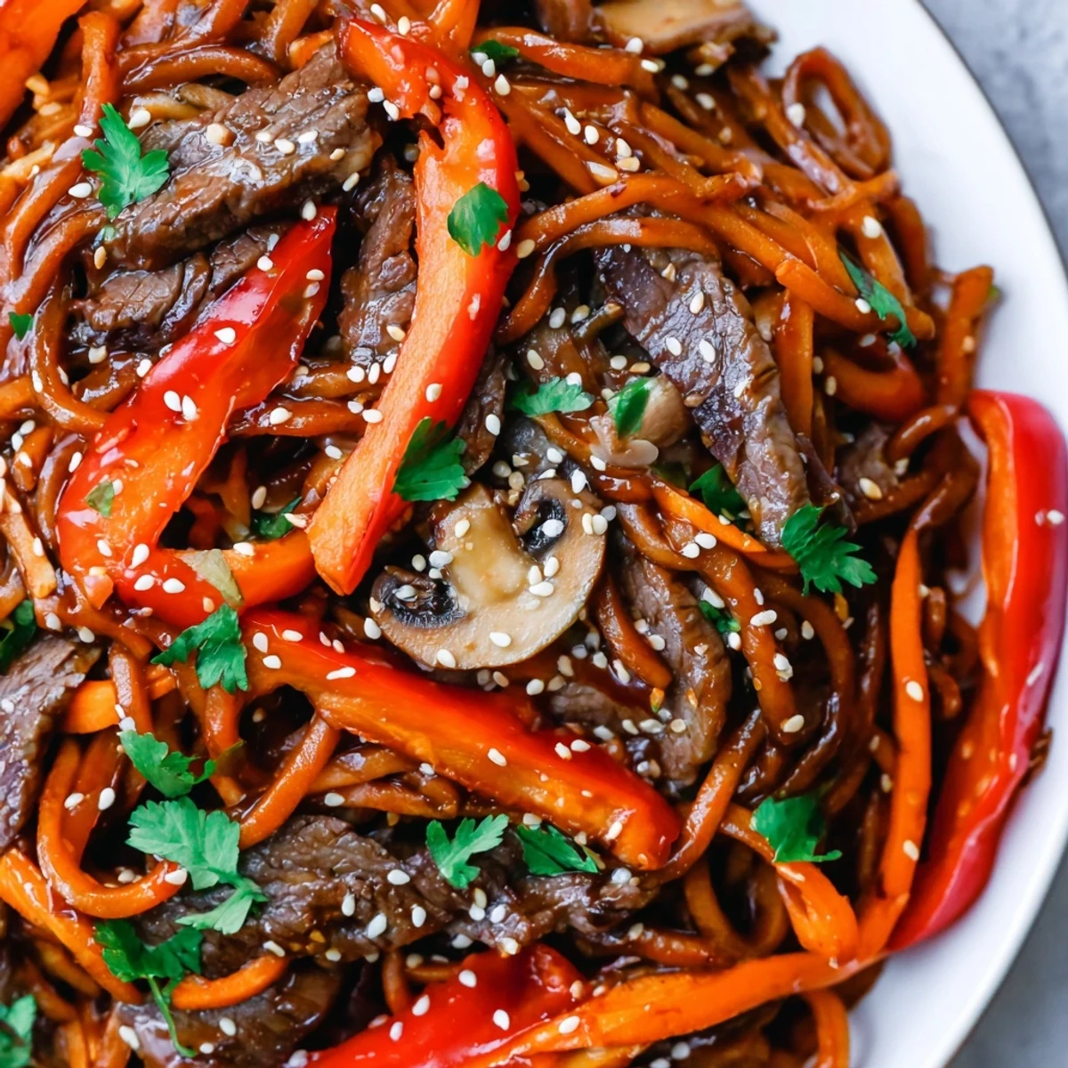 Close up of Korean beef noodles in a dark bowl, topped with sesame seeds, fresh cilantro, and spring onions
