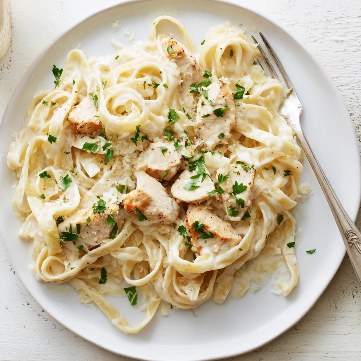 Steam rising from a bowl of Chicken Alfredo Pasta topped with fresh parsley and grated cheese