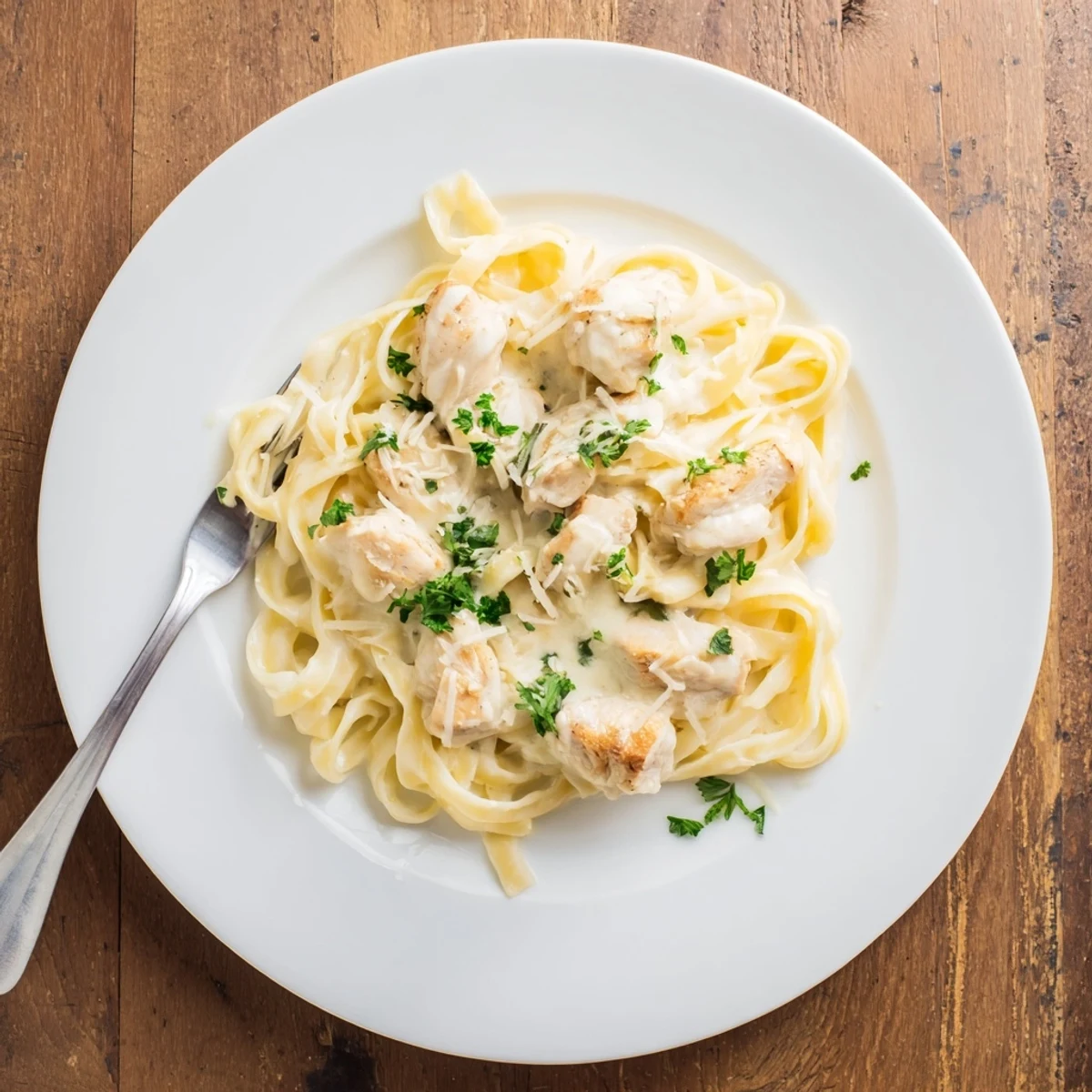 Golden sliced chicken breast resting on creamy fettuccine coated in rich Parmesan Alfredo sauce