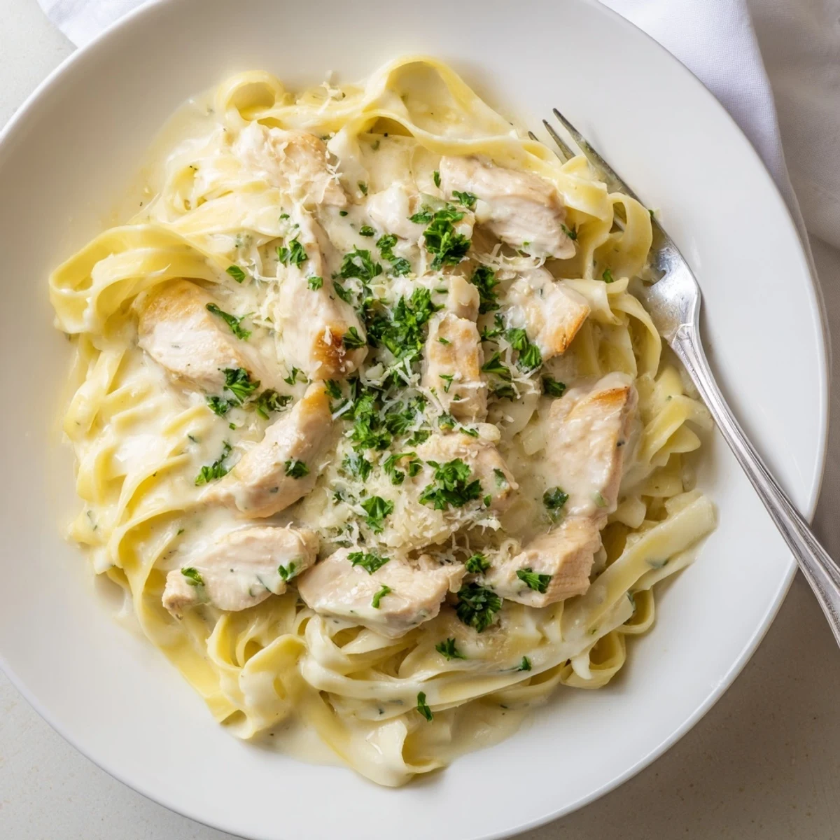 Tender chicken strips tossed with al dente fettuccine noodles in a white garlic cream sauce