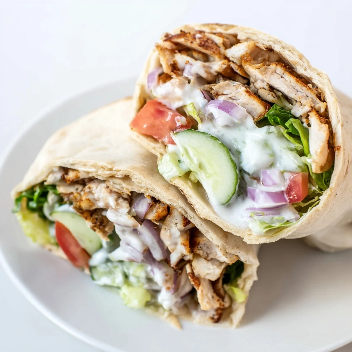 Golden brown spiced chicken shawarma slices wrapped in warm pita with crisp vegetables and drizzled white garlic sauce