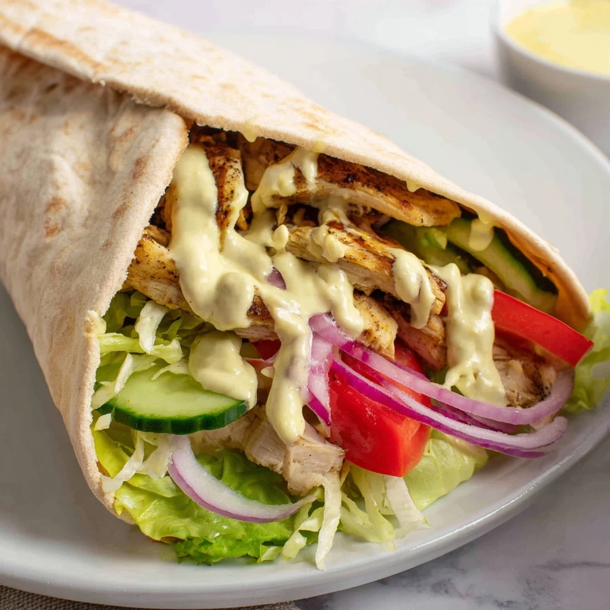 Juicy marinated chicken shawarma piled high in fluffy flatbread with fresh lettuce, tomatoes, and tangy creamy garlic dressing