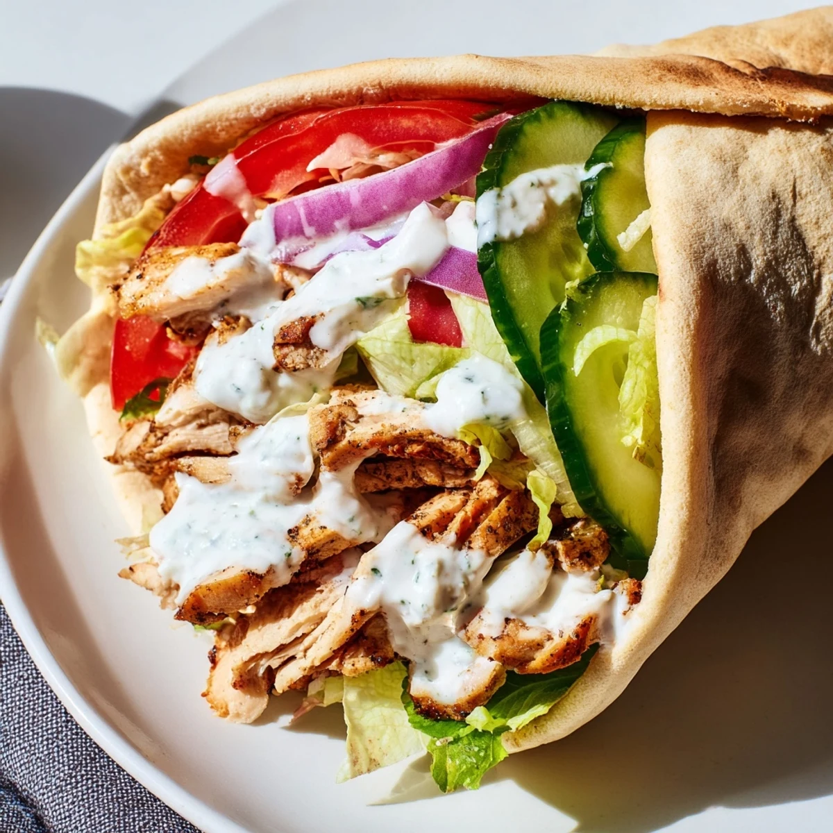 Tender roasted chicken shawarma meat seasoned with aromatic Middle Eastern spices and topped with homemade garlic sauce inside soft pita