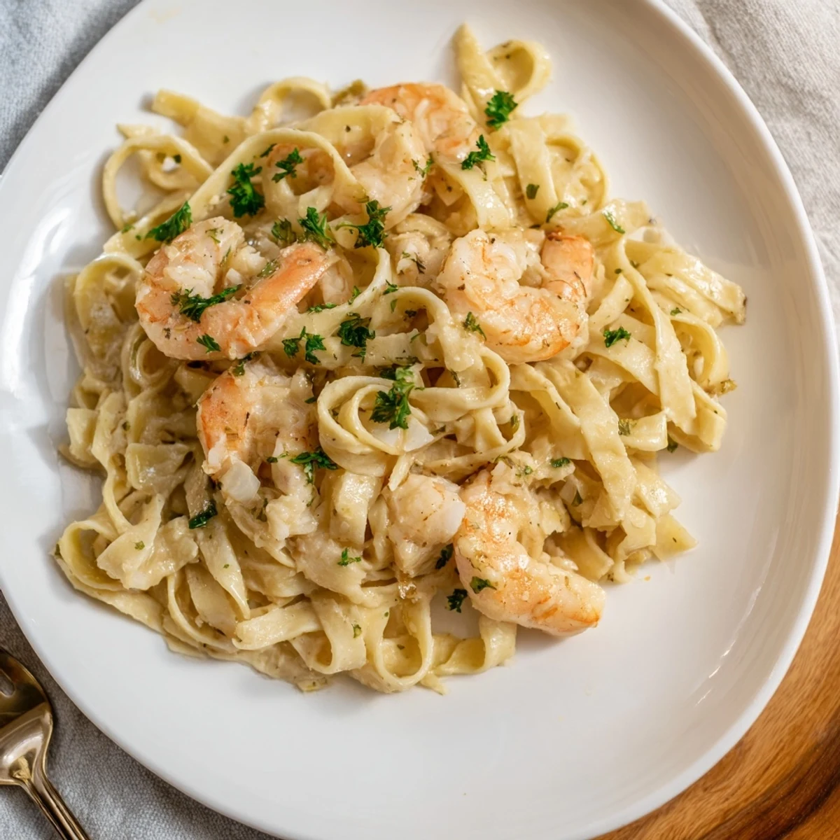 Creamy one pan shrimp fettuccine Alfredo with tender pink shrimp and grated Parmesan cheese