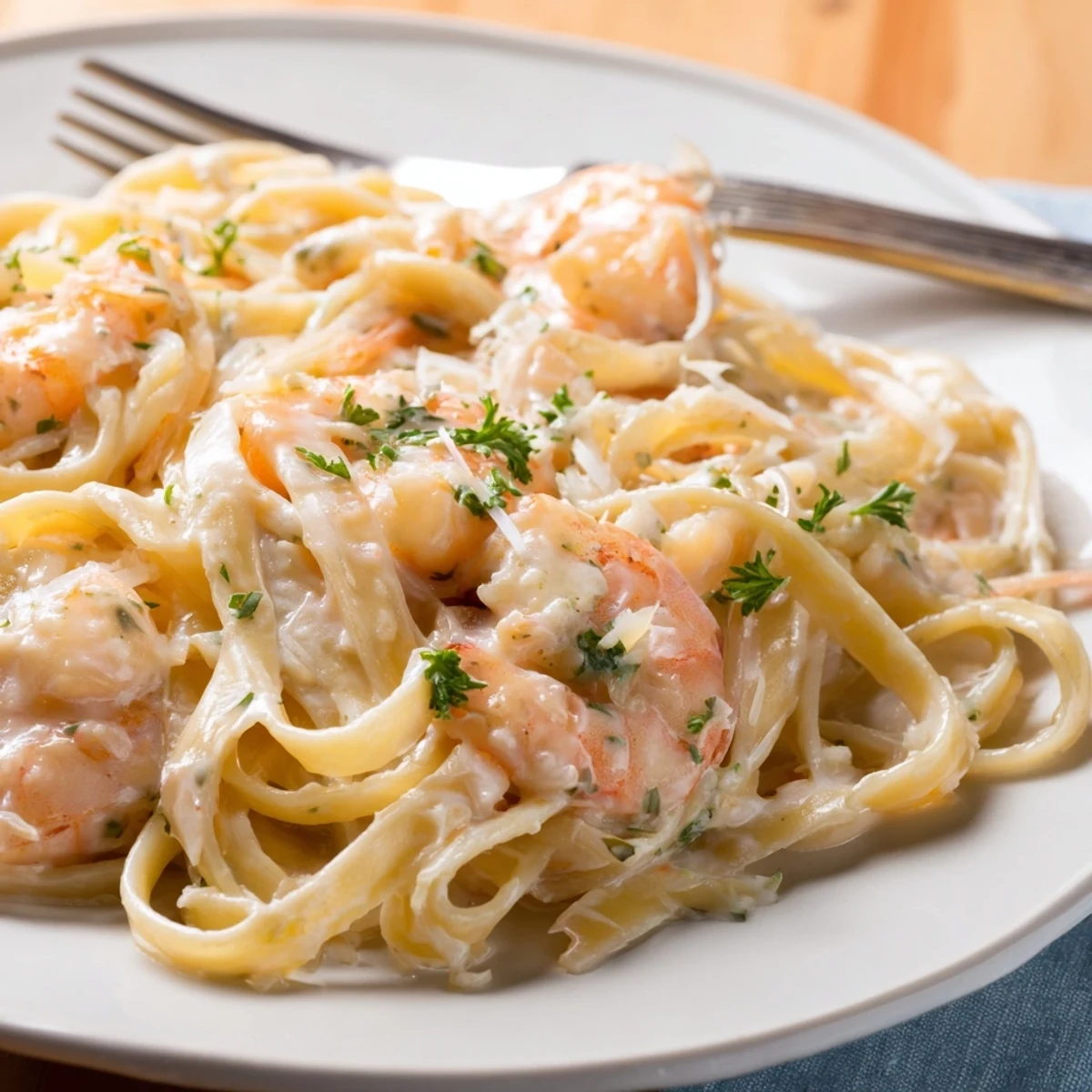 Golden shrimp twirled among fettuccine noodles in a rich garlic Parmesan cream sauce