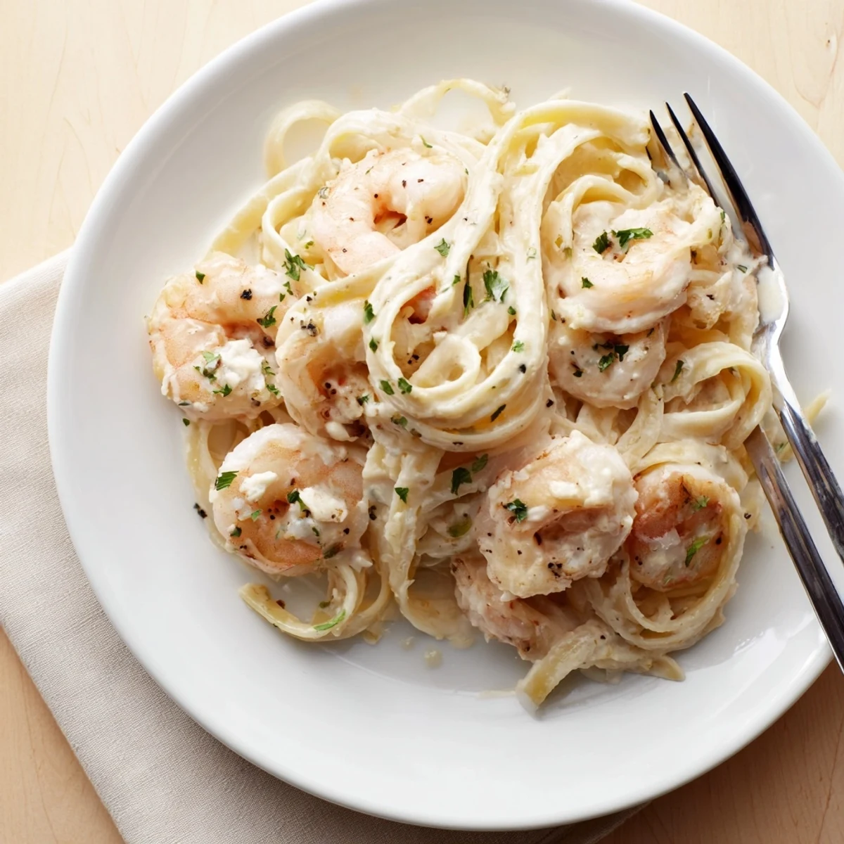 Savory one pan shrimp fettuccine Alfredo garnished with fresh parsley in a white bowl