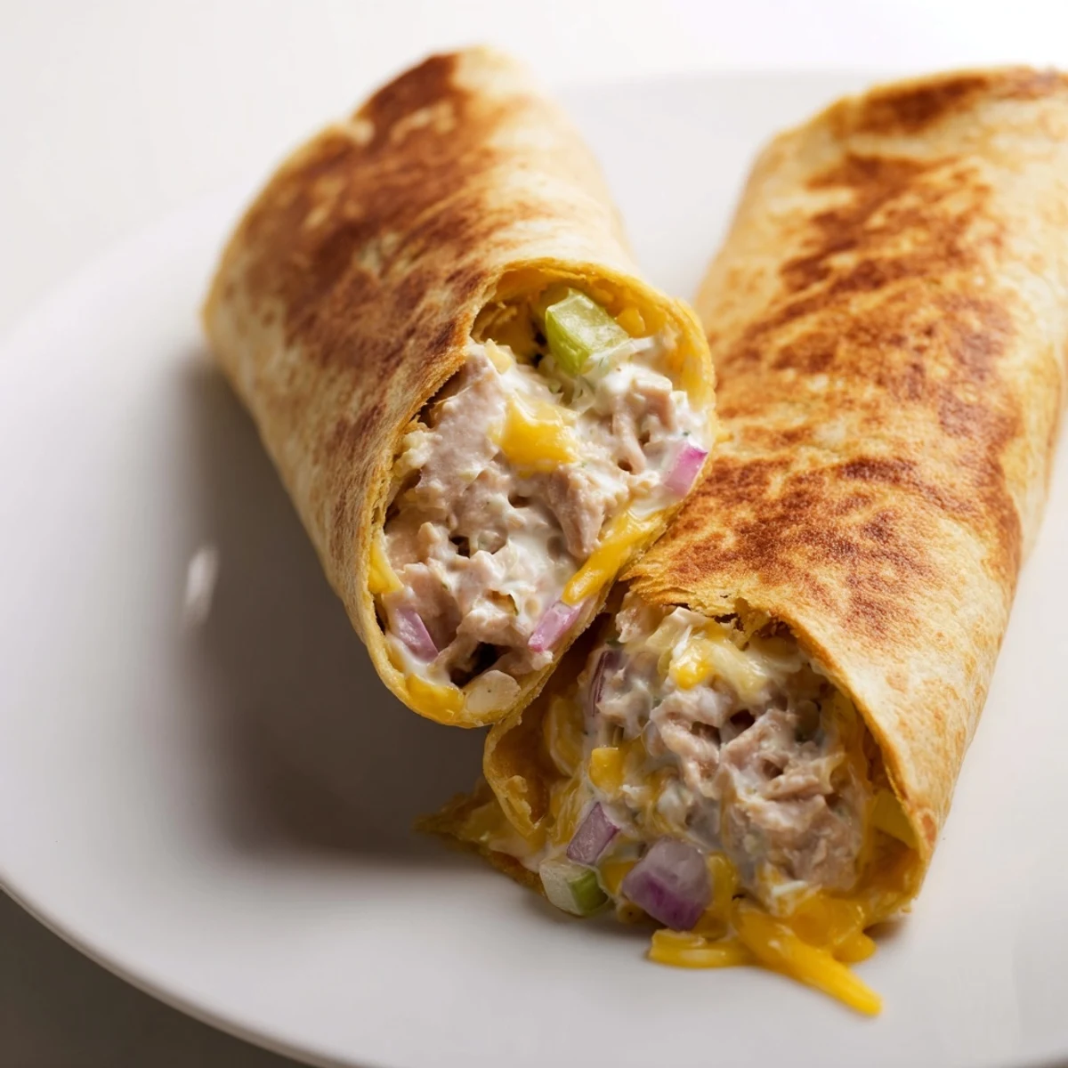 Golden grilled tuna melt wrap with melted cheddar oozing from warm tortilla halves