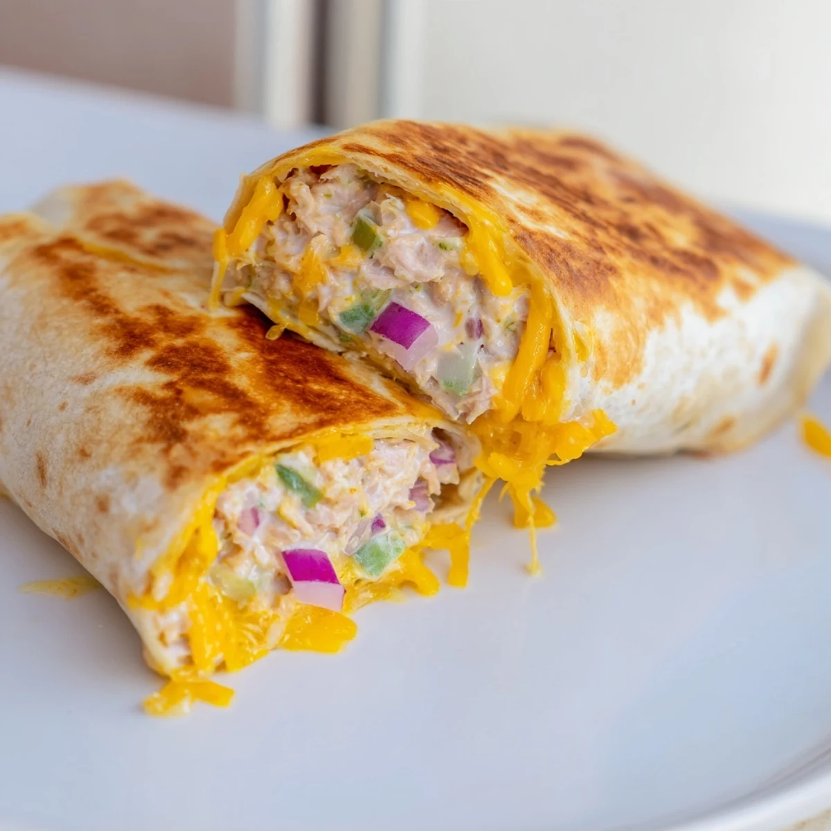 Sliced tuna melt wrap revealing layers of cheddar cheese and savory tuna filling