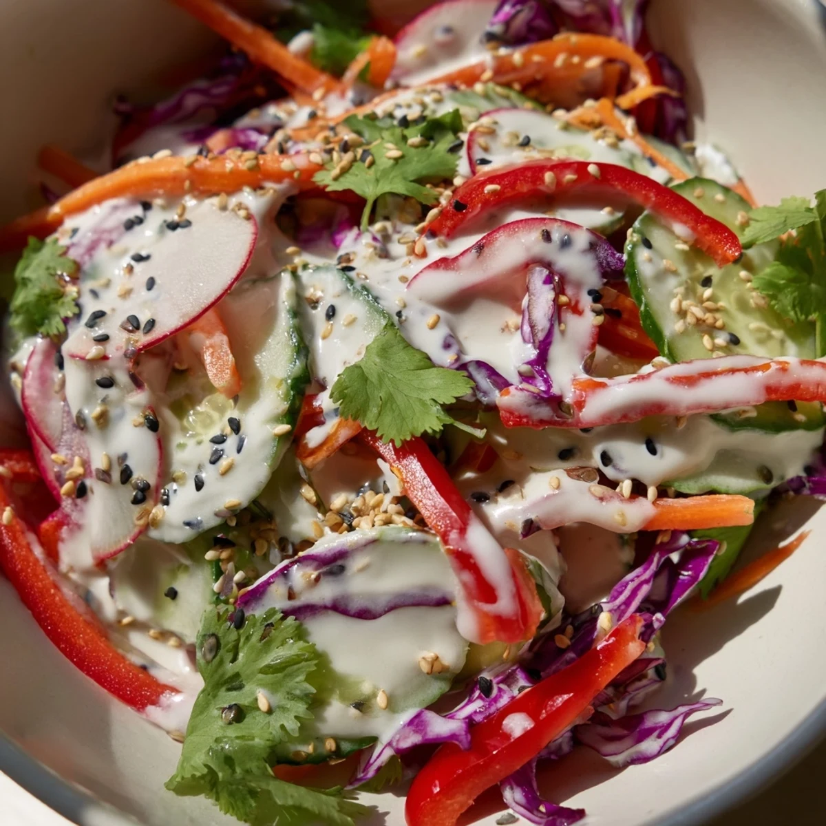 Colorful creamy Asian cucumber salad bowl featuring sliced cucumbers red cabbage and radishes drizzled with tangy sauce