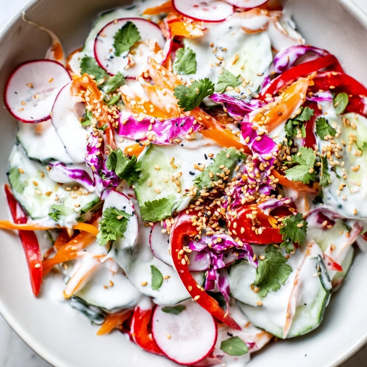 Fresh Asian cucumber salad bowl with crisp vegetables coated in creamy sesame dressing and topped with toasted sesame seeds