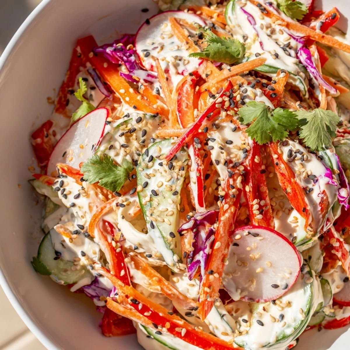 Creamy Asian cucumber salad bowl arranged in a vibrant mix with carrots bell peppers and cilantro garnish