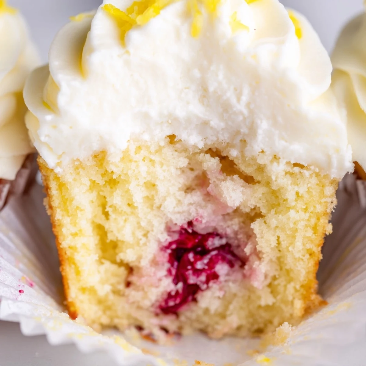 Freshly baked lemon cupcakes with hidden raspberry centers topped with fluffy zesty buttercream on a white plate