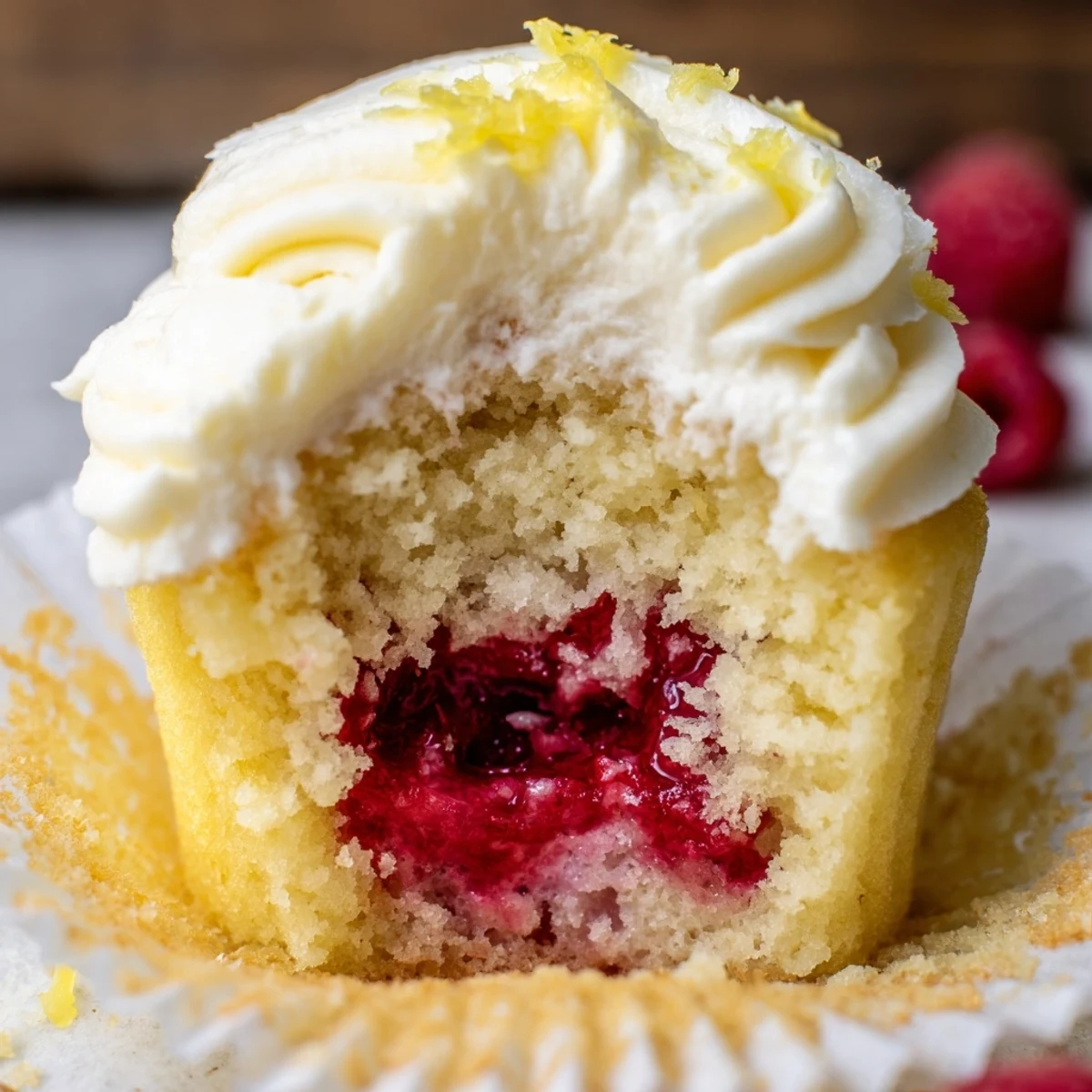 Golden moist lemon cupcakes filled with vibrant raspberry preserves and swirled with creamy lemon buttercream frosting