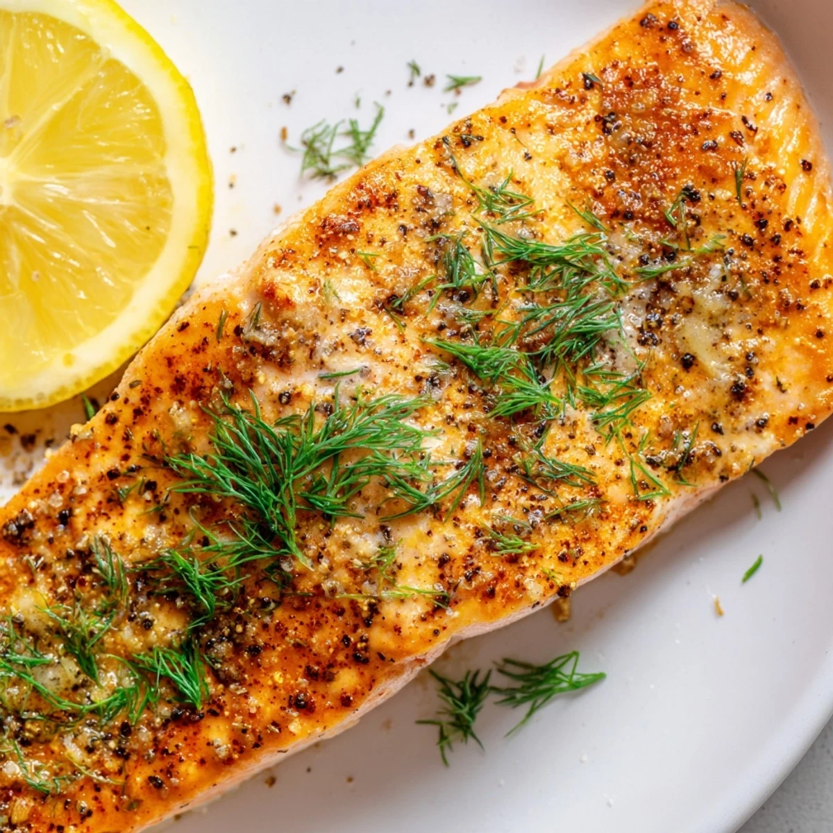 Golden air fryer salmon fillets with crispy seasoned edges and tender flaky meat served with fresh lemon wedges