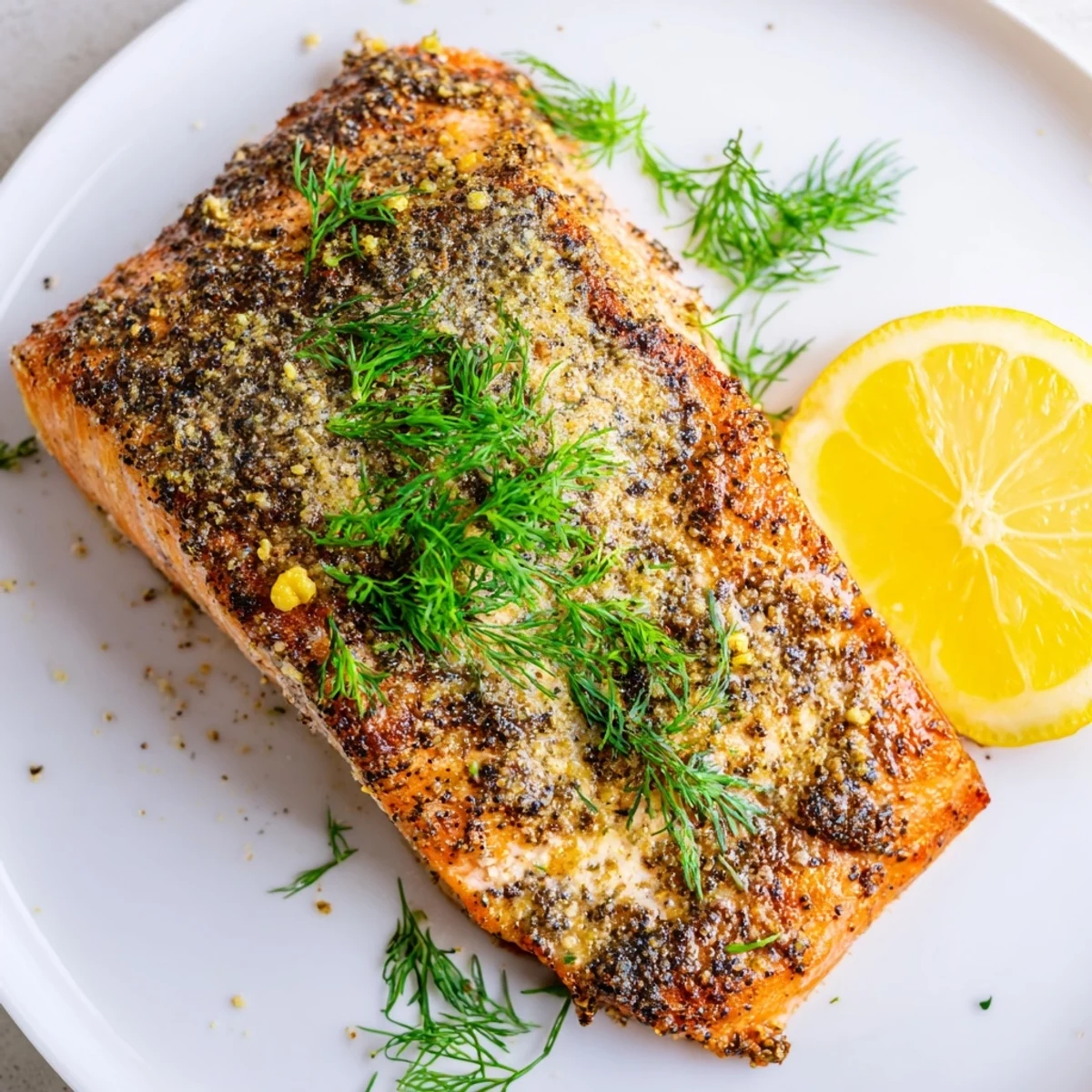Perfectly cooked air fryer salmon sprinkled with herbs and paprika garnished alongside bright citrus slices on a white plate