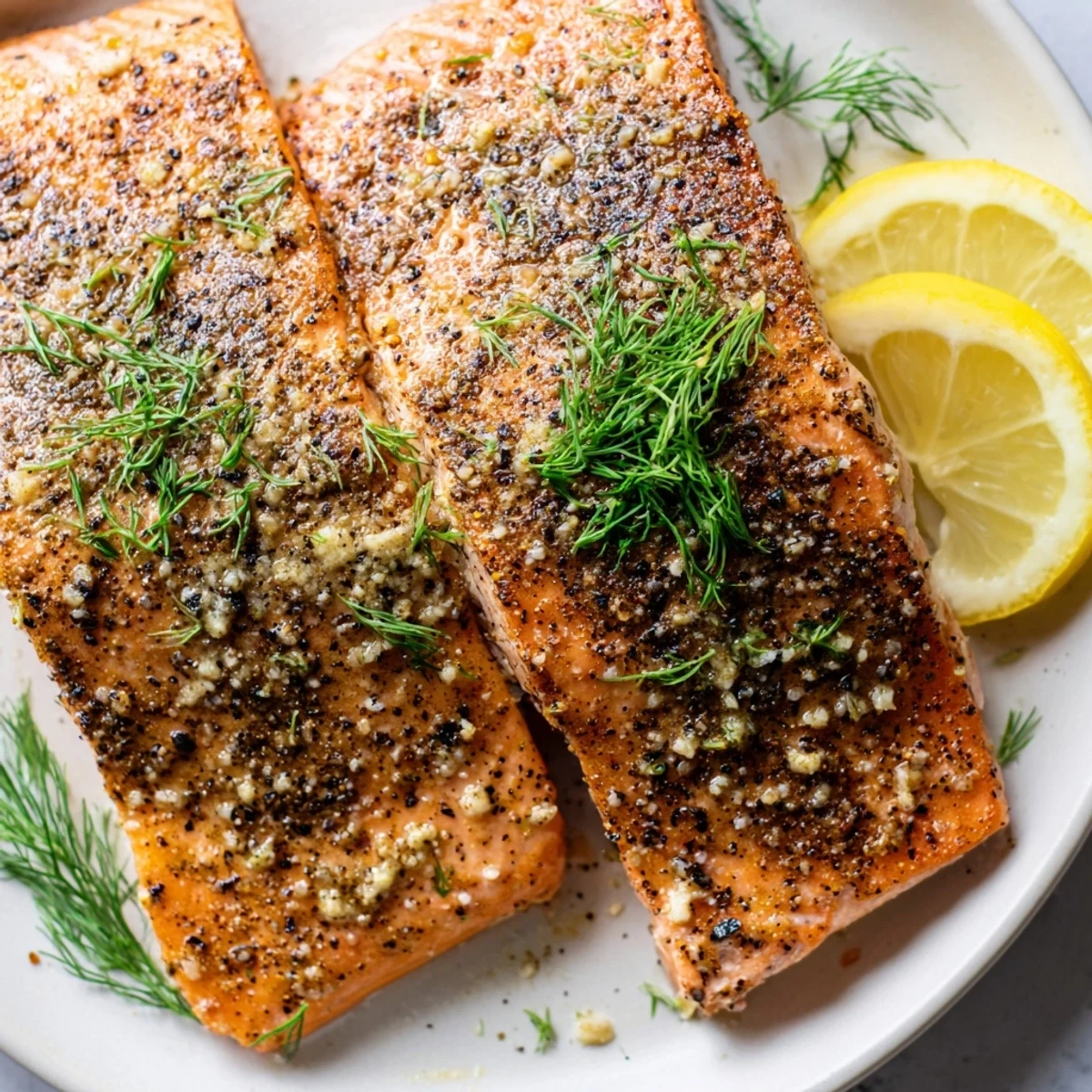 Juicy air fryer salmon with golden brown seasoning flakes resting on a plate with dill and fresh lemon