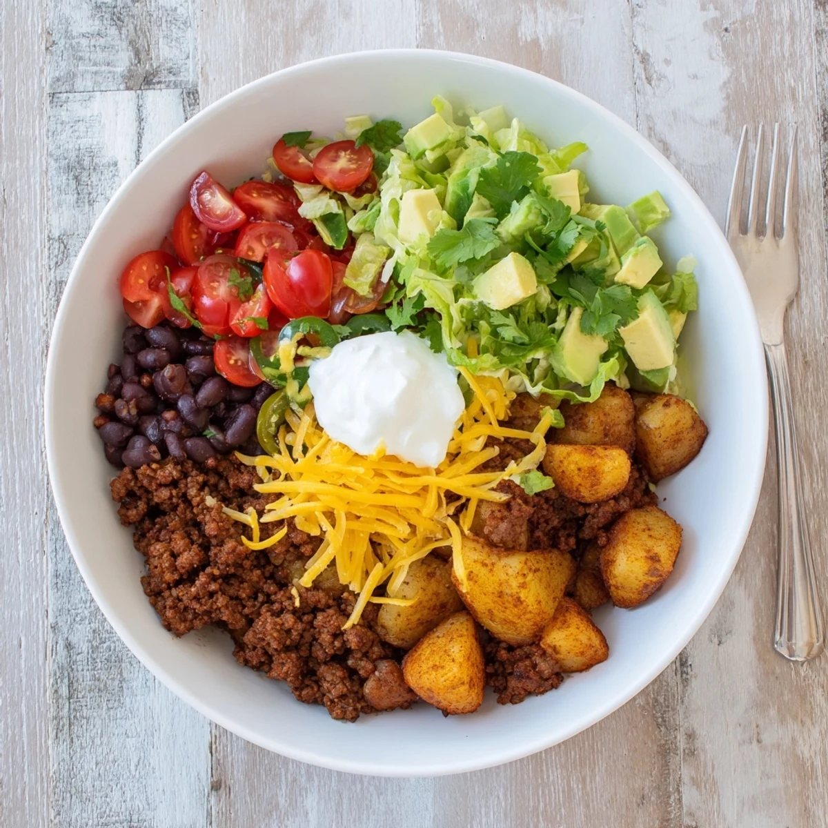 Hearty loaded potato taco bowl featuring crispy potatoes spiced beef and melted cheddar