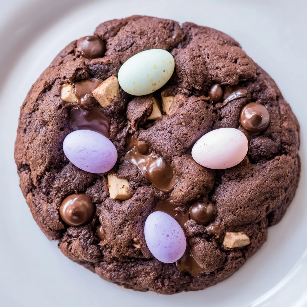 Soft Easter chocolate cookies studded with melty chips and colorful candy egg toppings