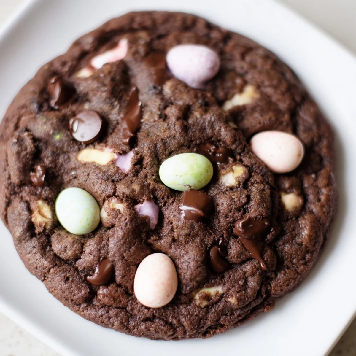 Rich cocoa Easter chocolate cookies decorated with pastel candy eggs for spring celebrations