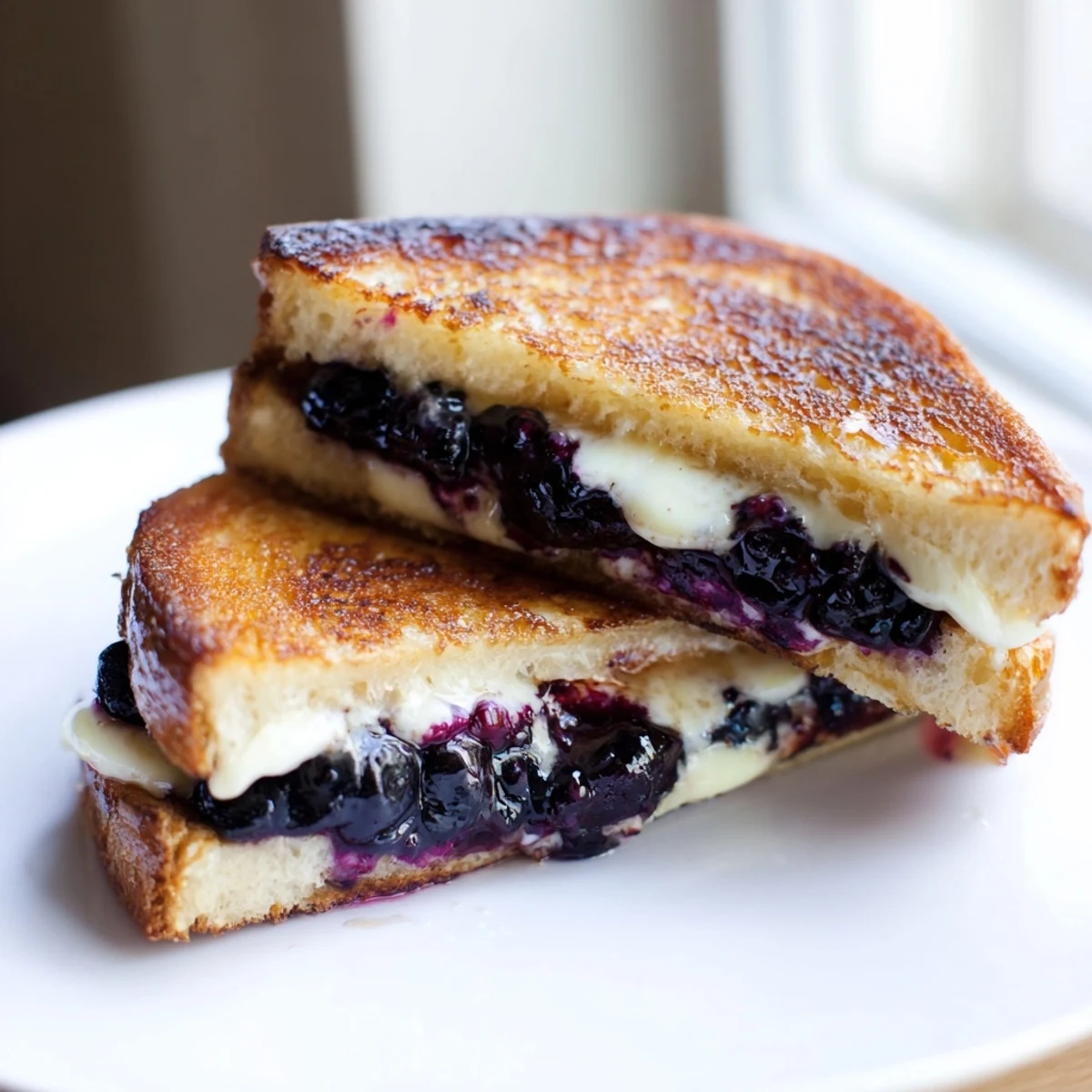 Golden blueberry grilled cheese sandwich with melted cheddar oozing from buttery sourdough bread