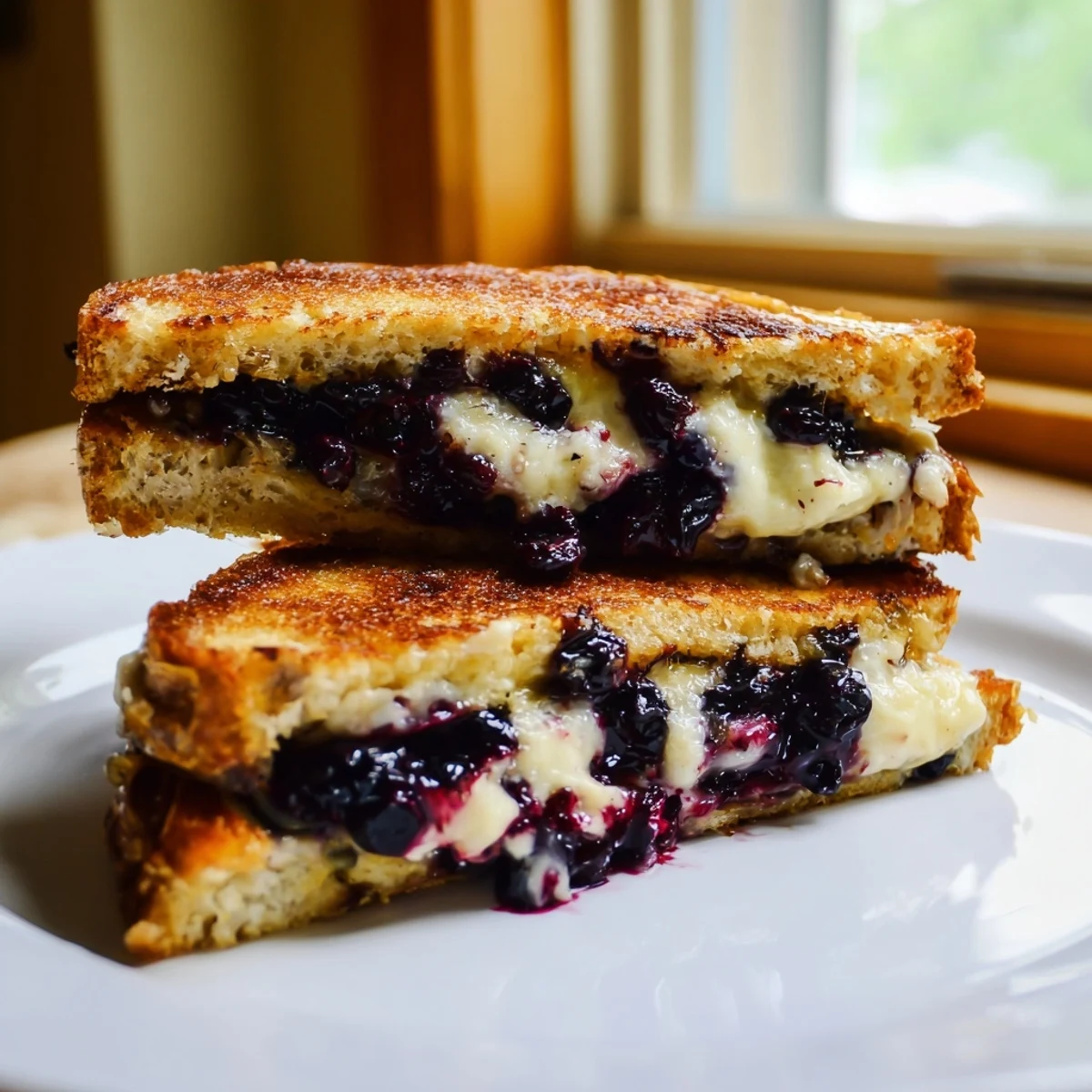 Savory sweet grilled cheese stuffed with juicy blueberries and creamy melted cheese on crisp toast