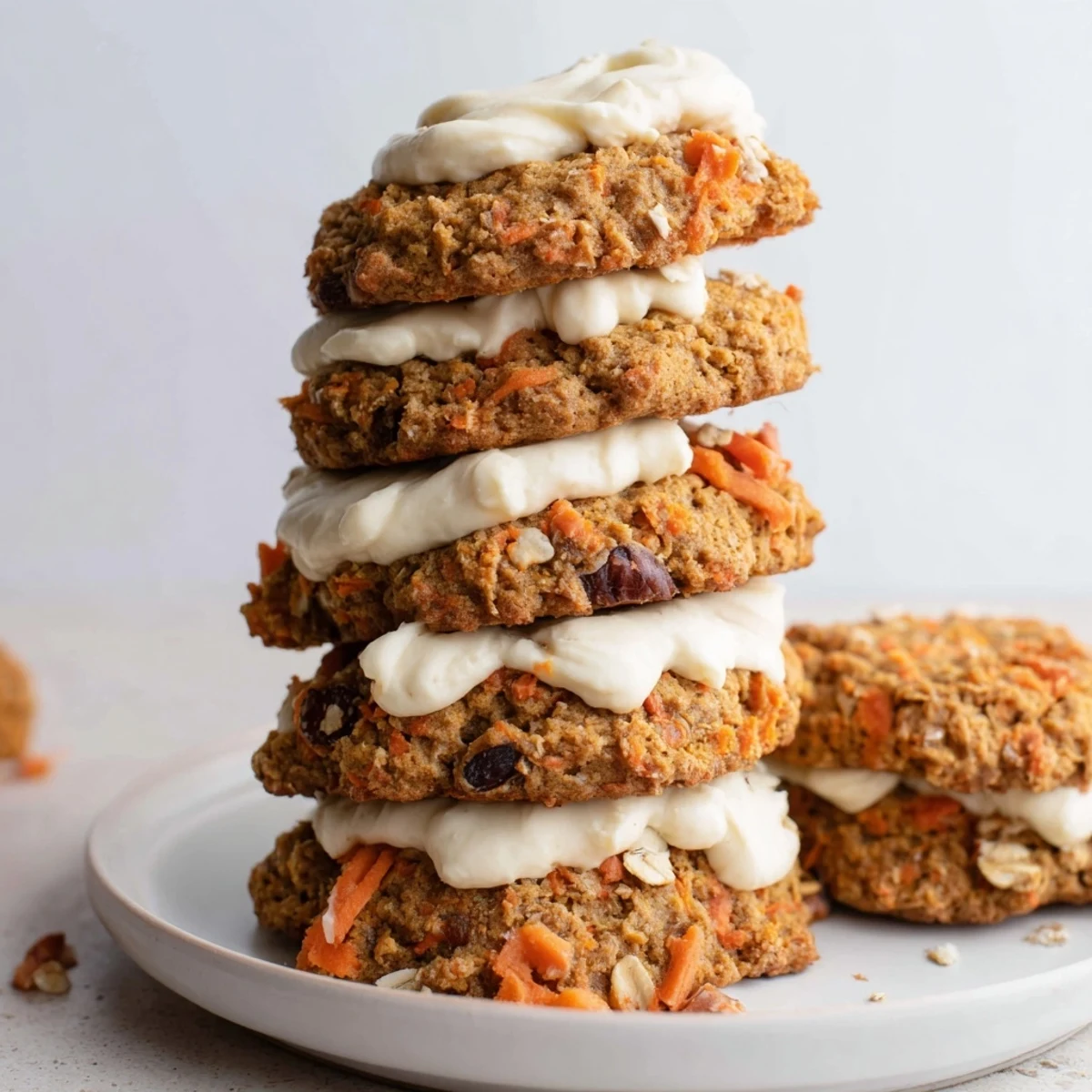 Golden brown spiced carrot cake cookies with visible grated shreds and tangy cream cheese glaze