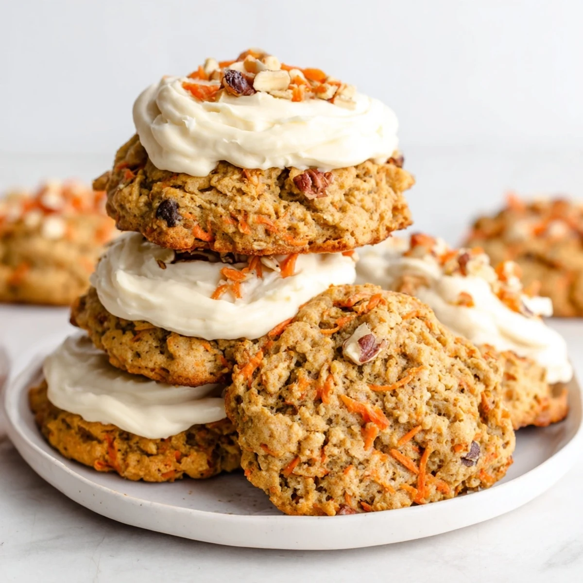 Homemade carrot cake cookies sandwiched with fluffy frosting on a rustic wooden serving board