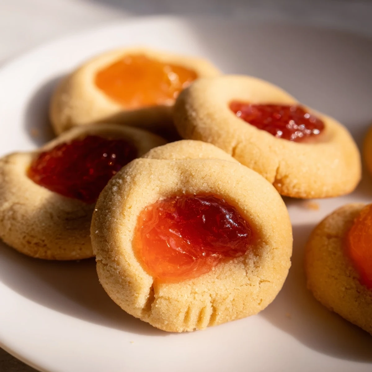 Golden fruity thumbprint cookies with glossy raspberry jam centers on a white platter