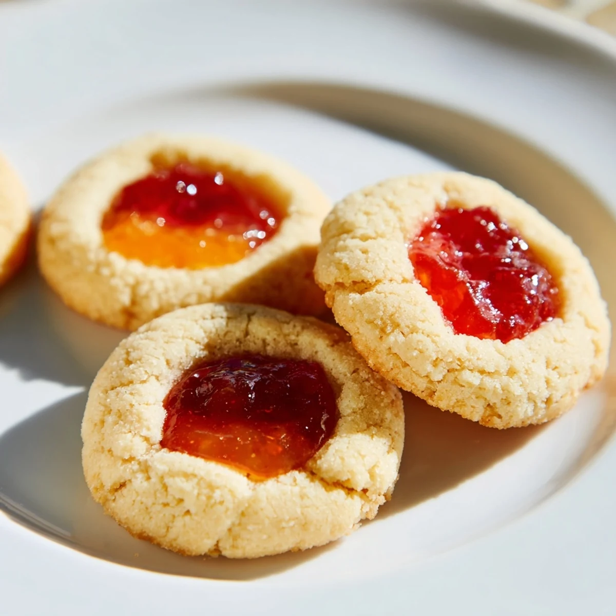 Homemade fruit thumbprint cookies topped with assorted jams and powdered sugar dusting