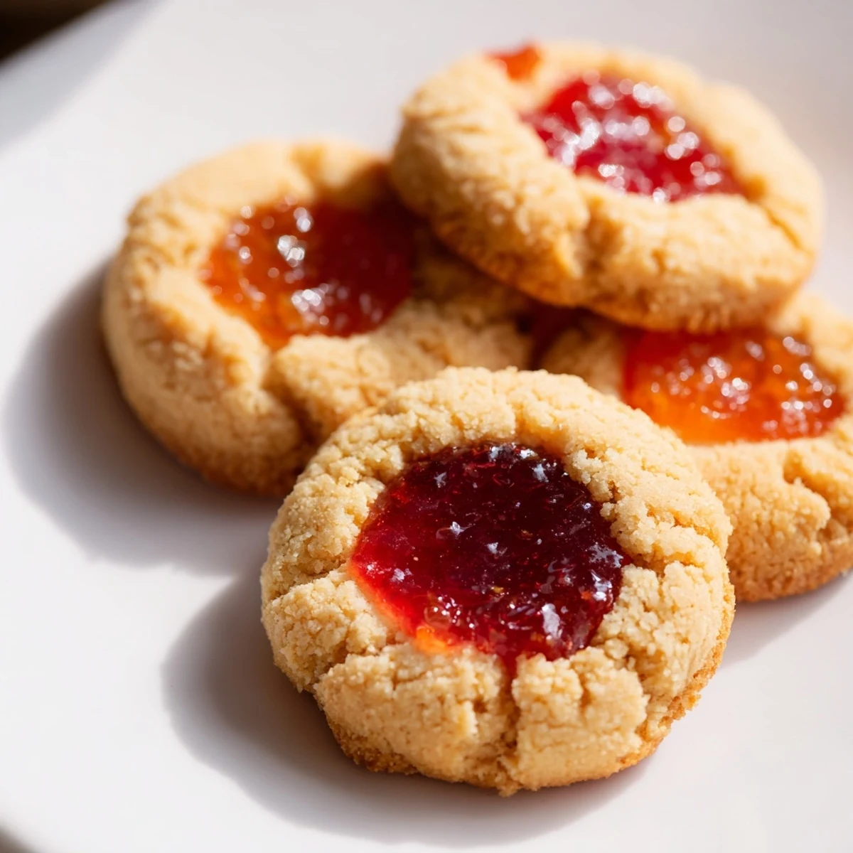 Buttery thumbprint cookies filled with colorful strawberry preserves arranged on a baking sheet