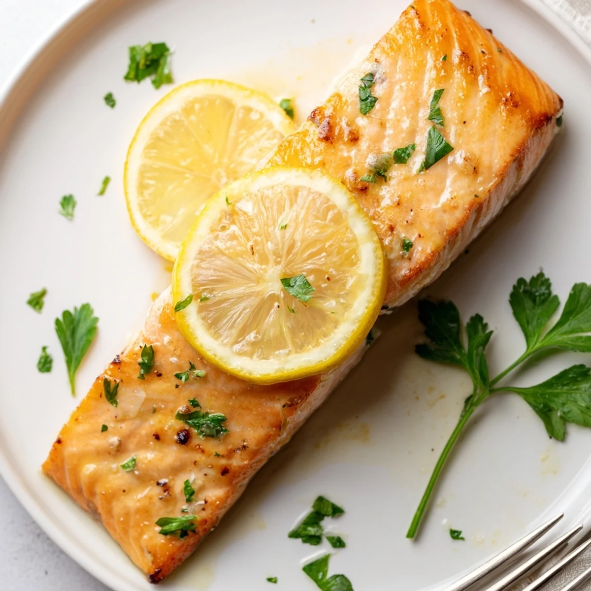 Golden baked salmon fillets glazed with lemon garlic butter and fresh dill