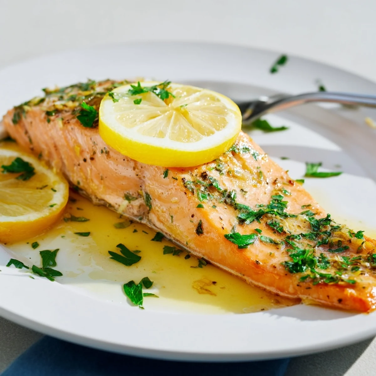 Flaky salmon fillets baked to perfection in zesty lemon garlic butter sauce