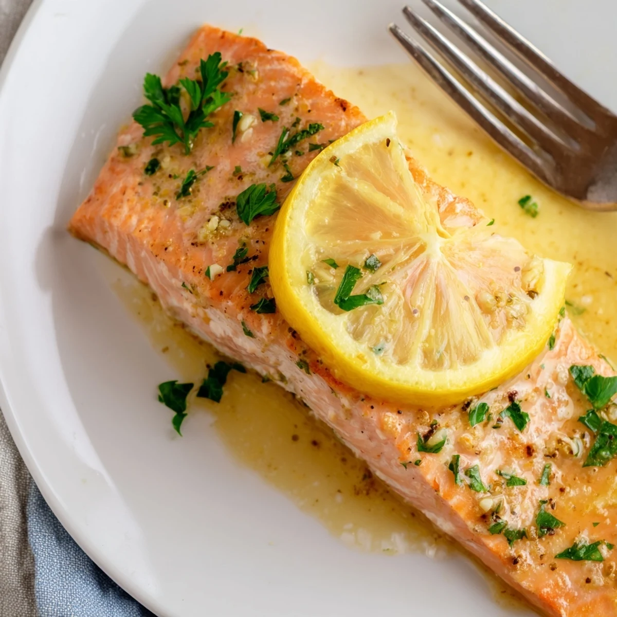 Tender oven-baked salmon with crispy lemon slices and herb butter topping