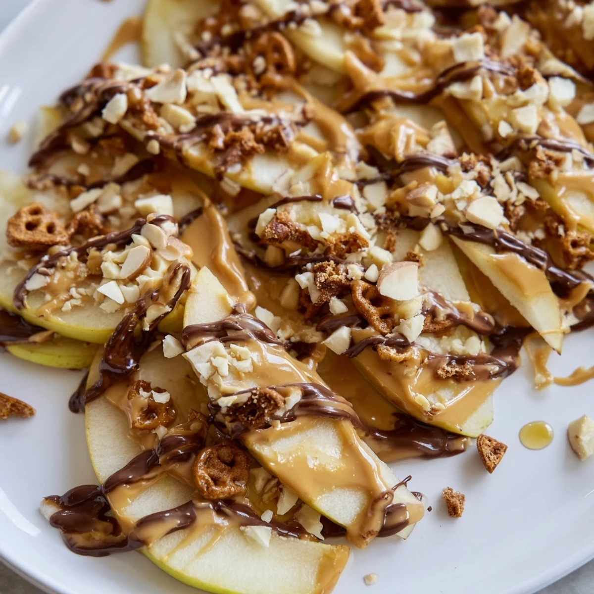 Fresh apple slices arranged on a platter drizzled with warm peanut butter and melted chocolate