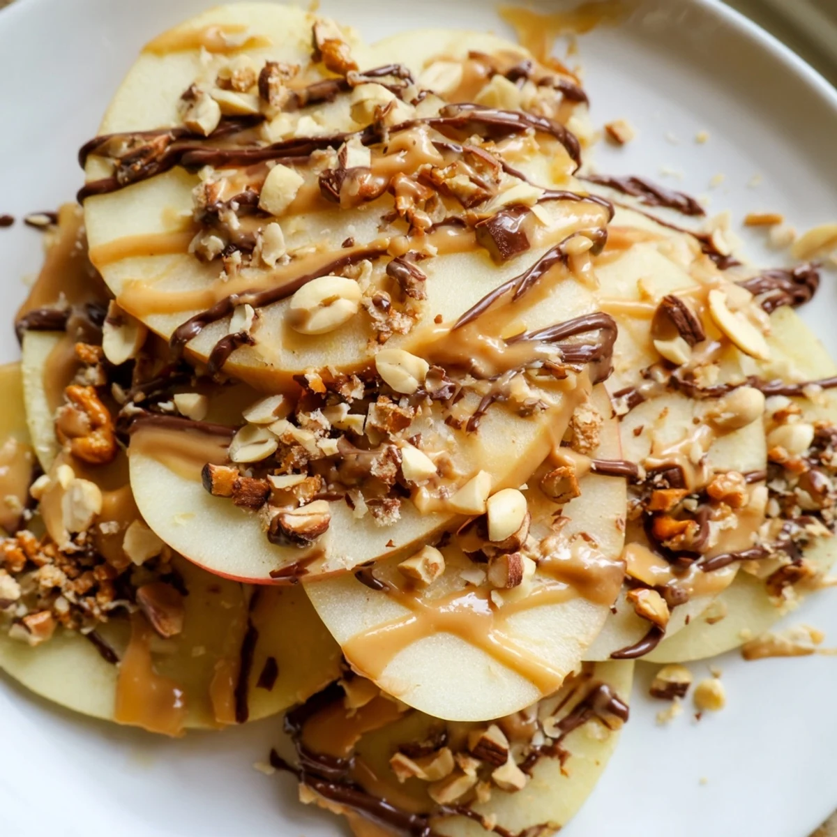 Crisp apple wedges layered with creamy peanut butter and rich chocolate chip drizzle