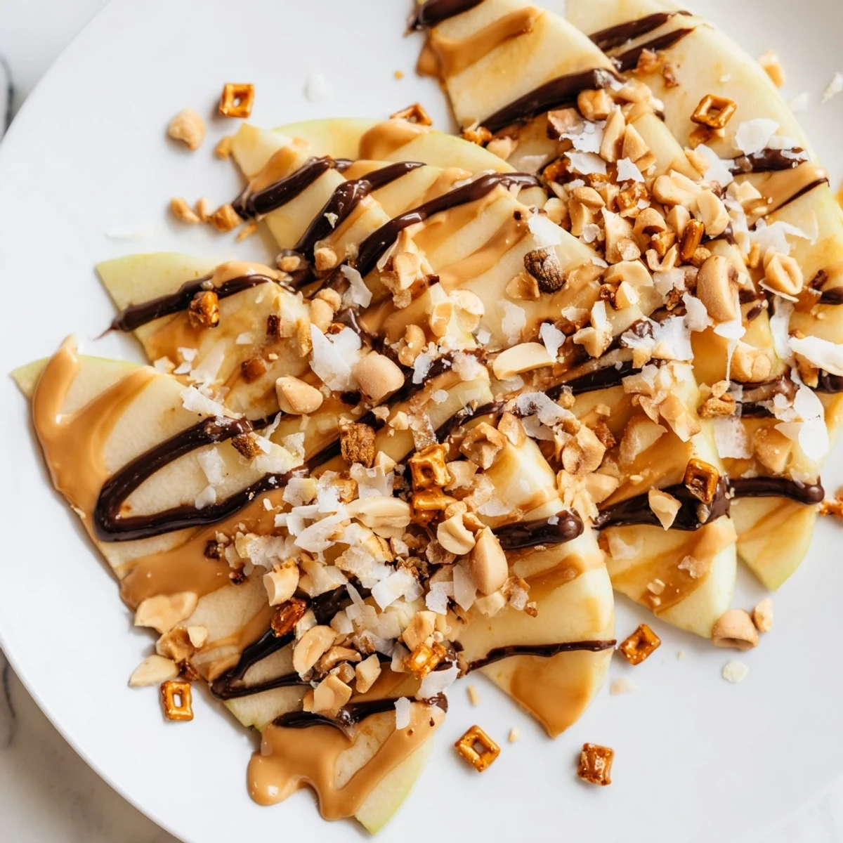 Apple nachos topped with crunchy peanuts pretzels and coconut served on white plate