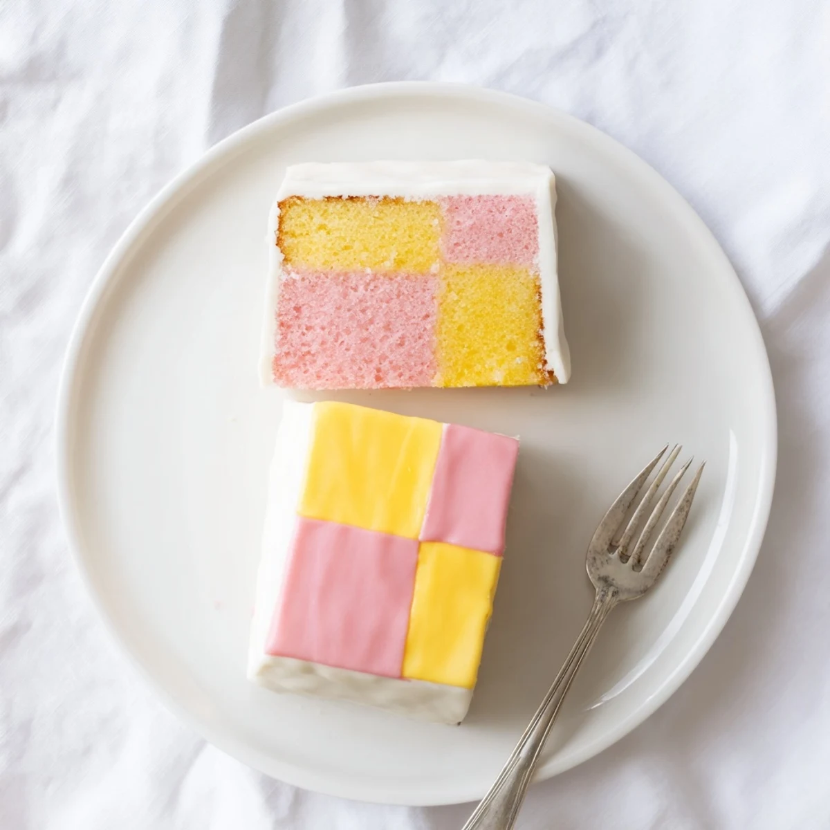 Classic Battenberg Cake featuring pink and yellow checkerboard sponge wrapped in smooth white marzipan