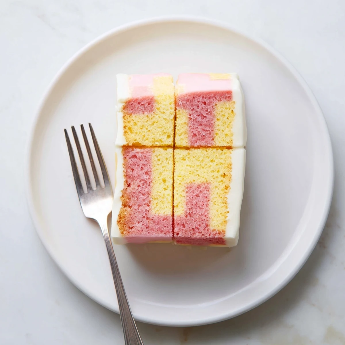 Sliced Battenberg Cake displaying signature checkered pattern with apricot jam and sweet almond coating