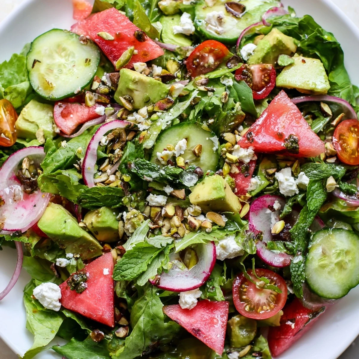 Fresh ultimate summer salad bowl with colorful vegetables, watermelon, and creamy feta cheese topping