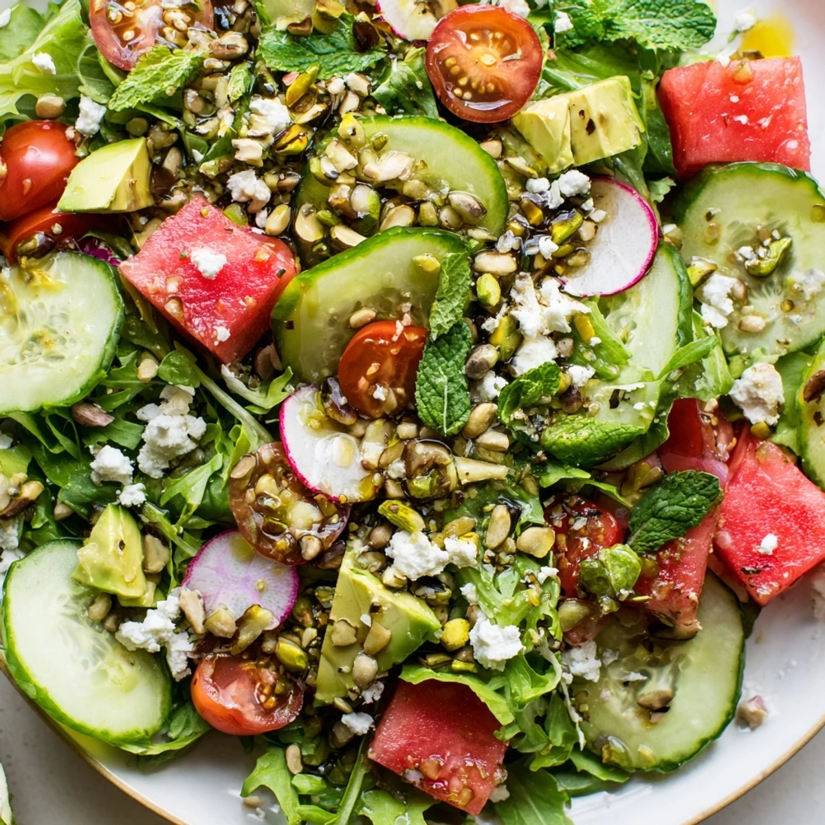Vibrant ultimate summer salad plated with ripe avocado, mint, and toasted nuts for summer dining