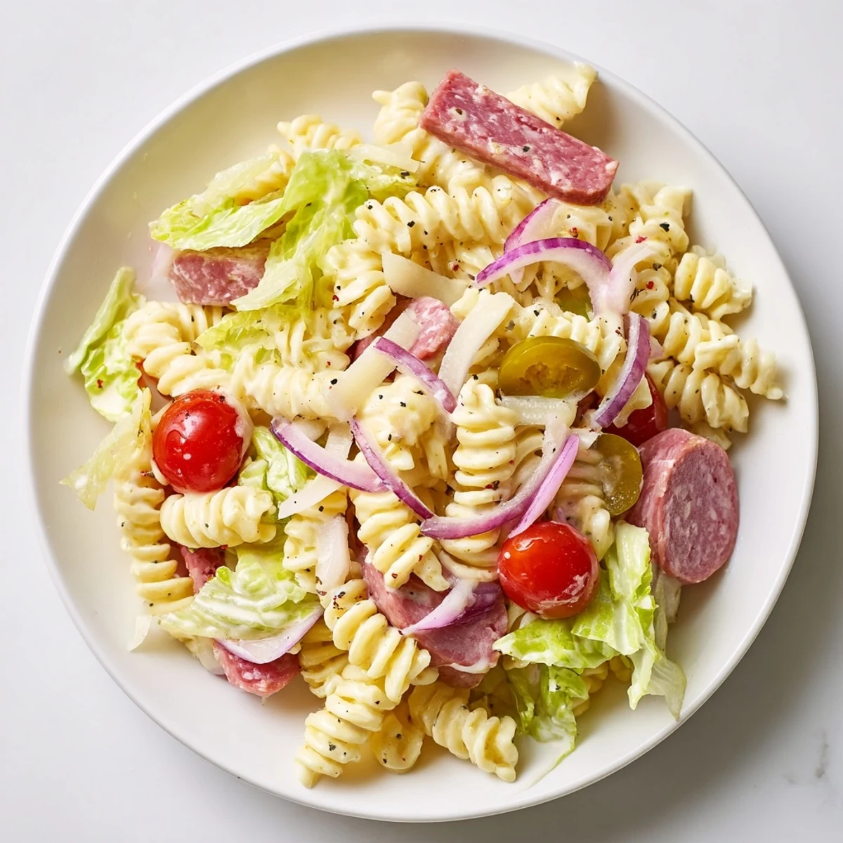 Colorful grinder pasta salad bowl with rotini, salami, provolone, and crisp vegetables in creamy dressing