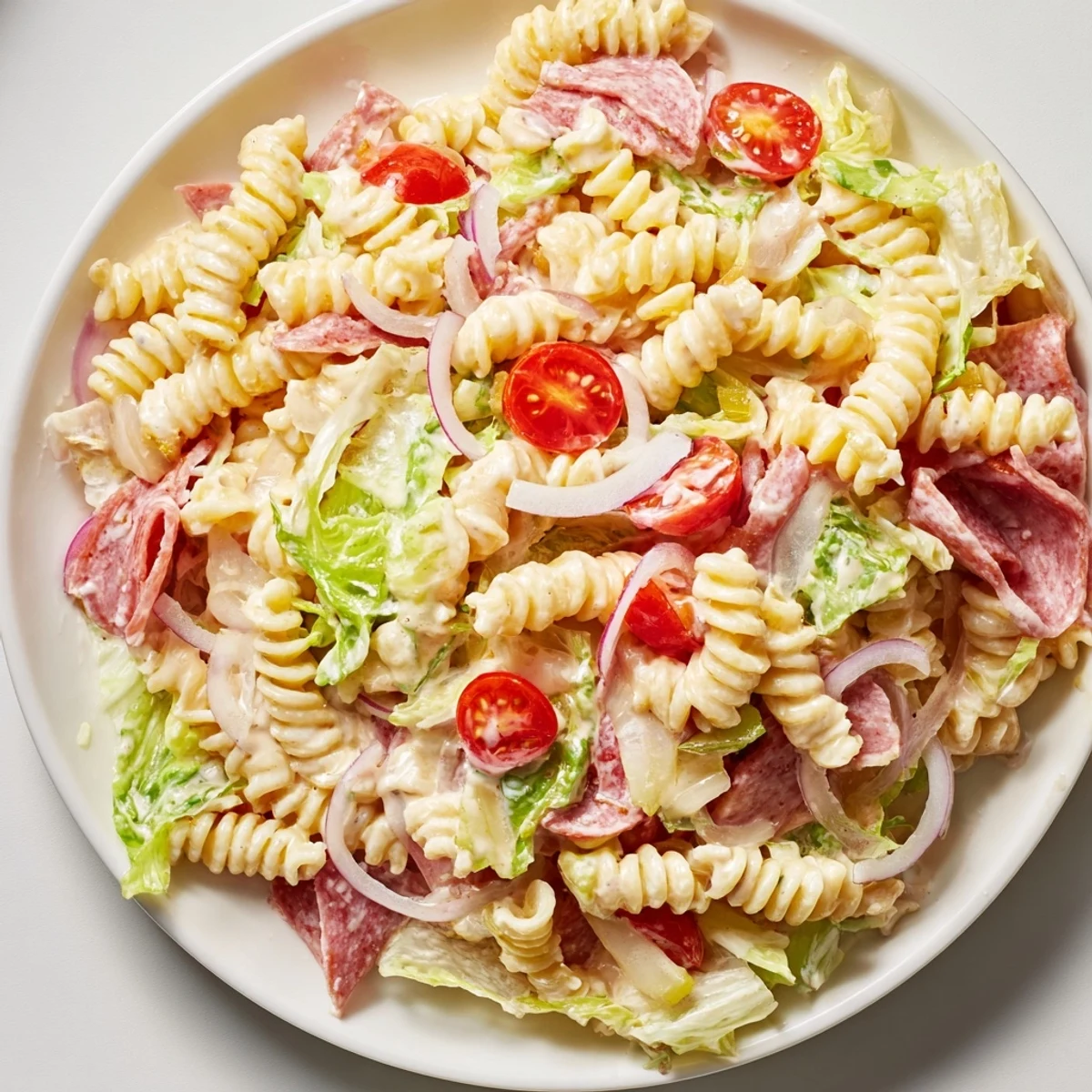 Hearty Italian grinder pasta salad featuring ham, cherry tomatoes, pepperoncini, and roasted red peppers
