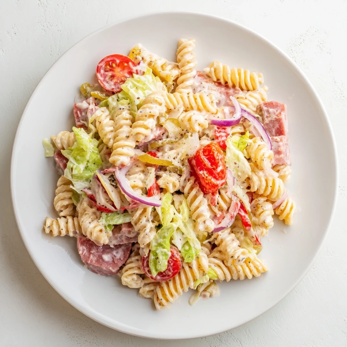 Crowd-pleasing grinder pasta salad tossed with zesty mayonnaise dressing, shredded lettuce, and savory cold cuts