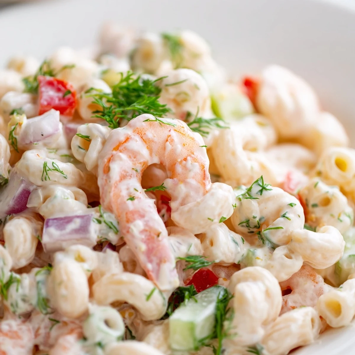 Summer picnic spread displaying creamy shrimp pasta salad with al dente pasta shells and tangy mayonnaise coating
