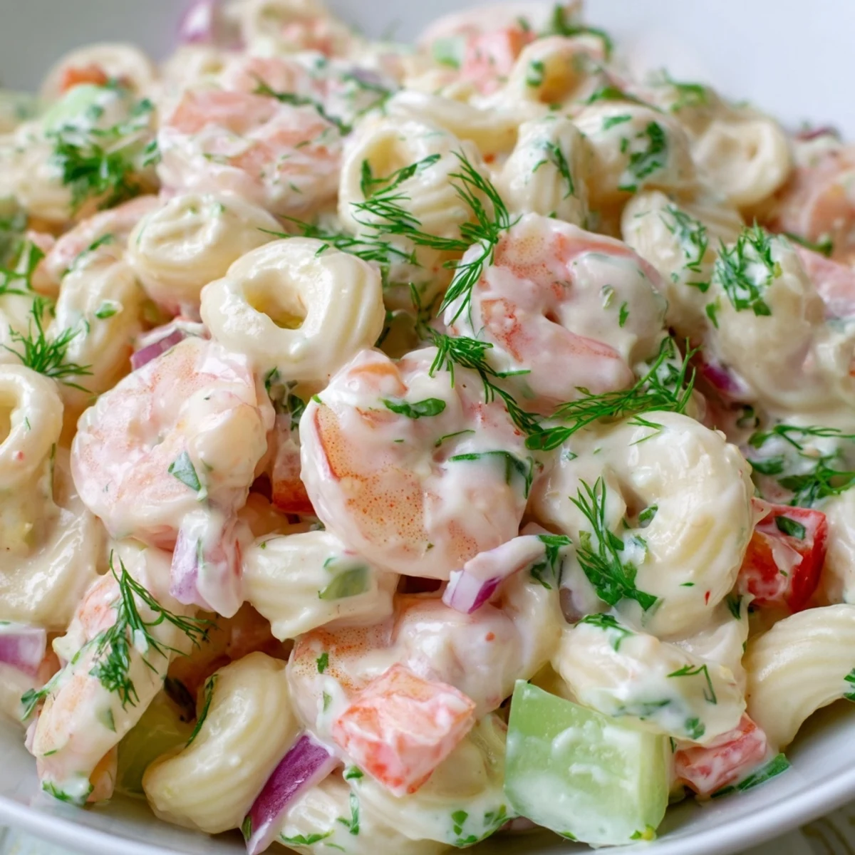 Close-up of chilled creamy shrimp pasta salad bowl with red bell peppers, cucumber, and fresh green herbs