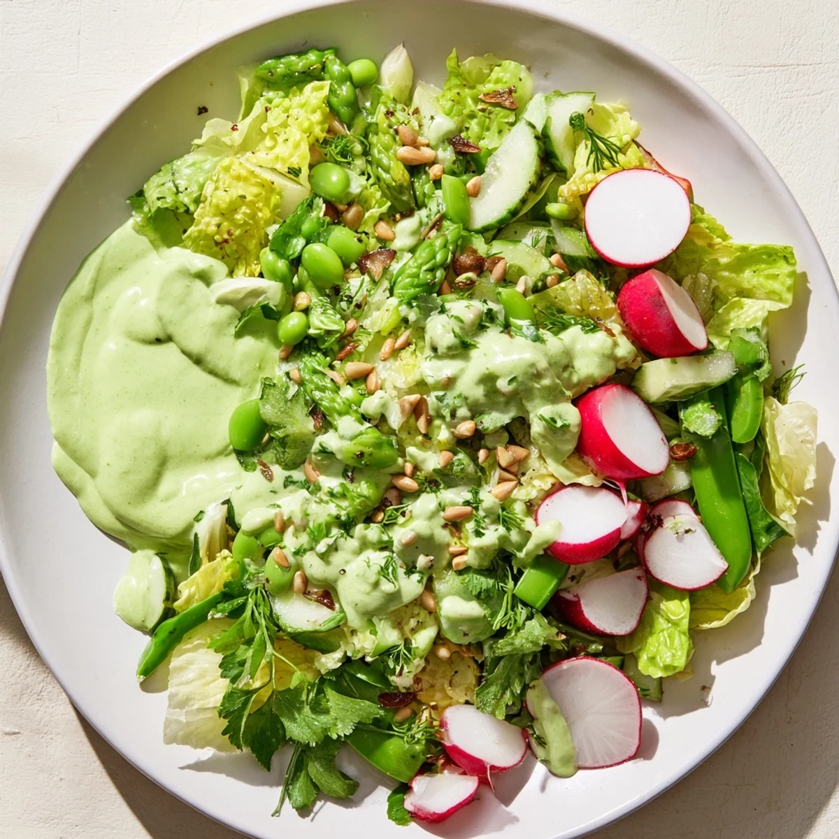 Colorful bowl of fresh green goddess salad with crisp vegetables and creamy homemade dressing