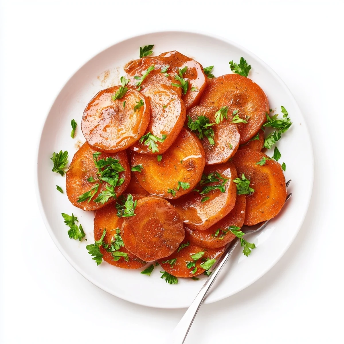 Golden brown sugar glazed carrots glistening with buttery coating on a white serving plate