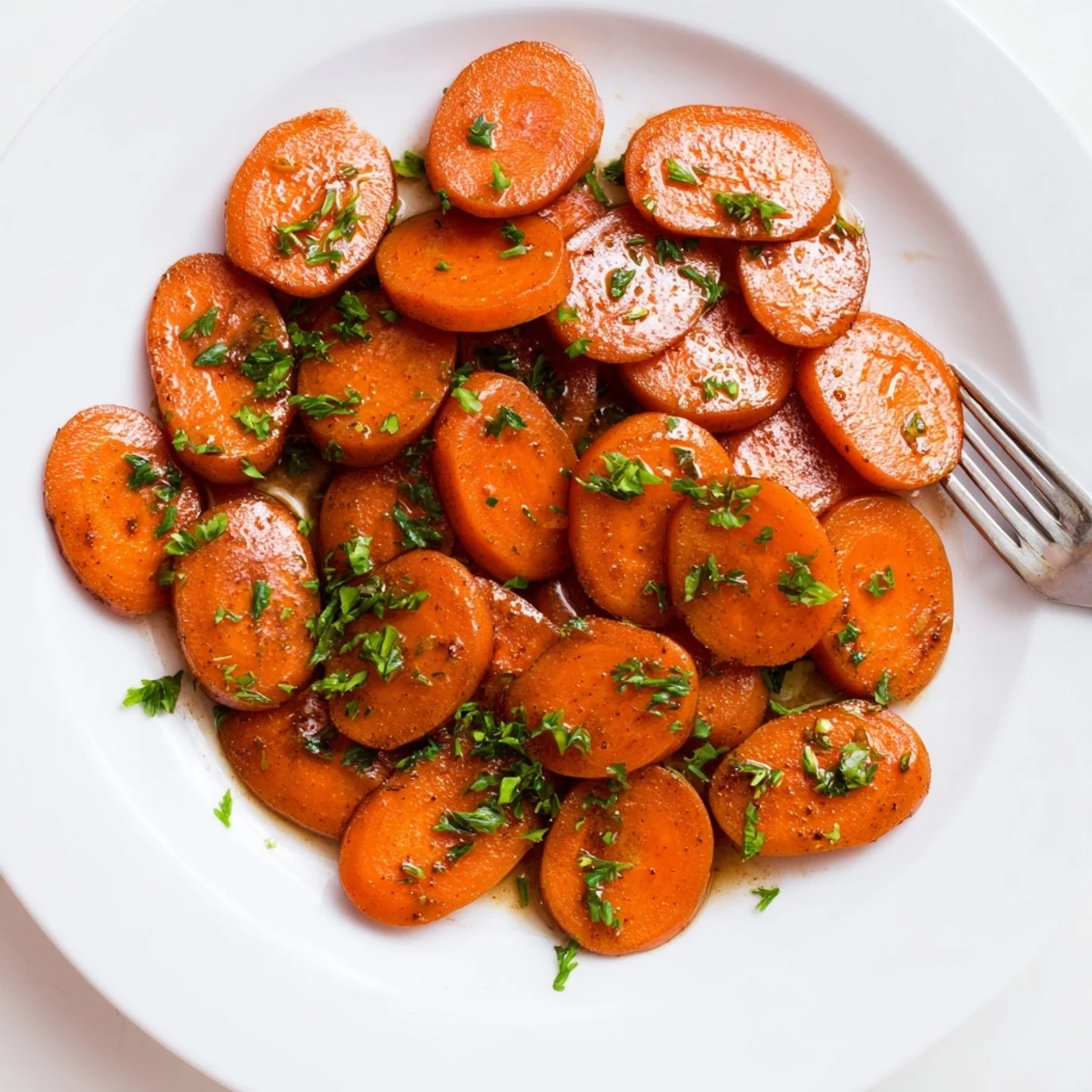 Tender carrot slices in rich caramelized brown sugar glaze garnished with fresh green parsley