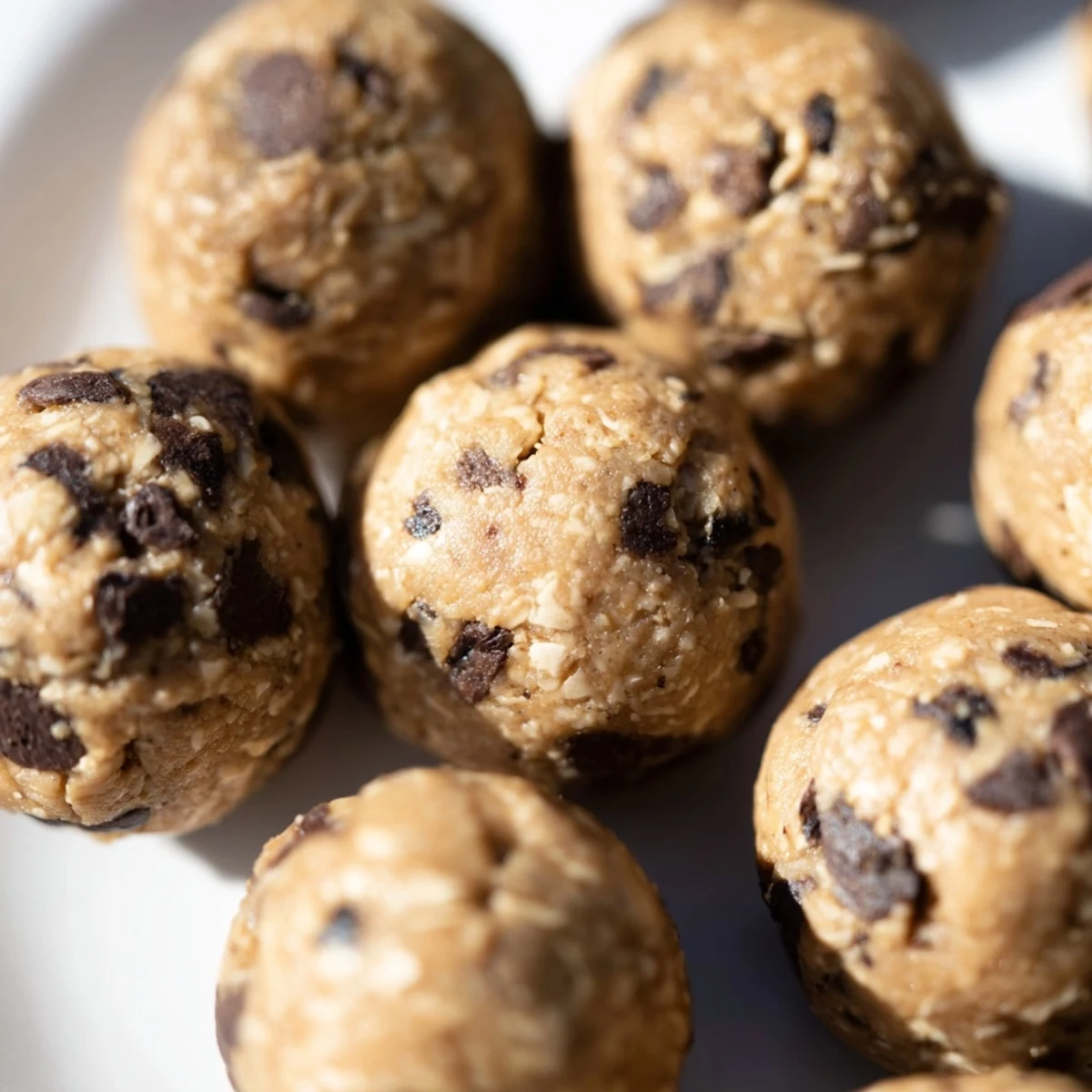 Bite-sized chocolate chip cookie dough protein balls rolled into smooth round shapes and studded with melted dark chocolate chips