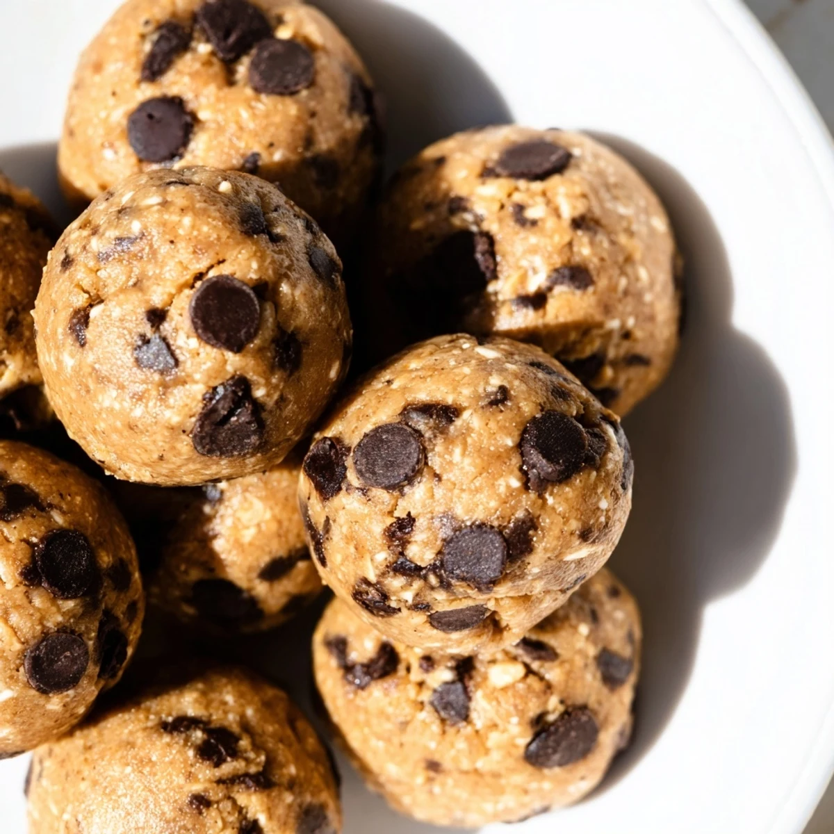 Healthy no-bake chocolate chip cookie dough protein balls arranged on a white plate showcasing their soft edible dough texture